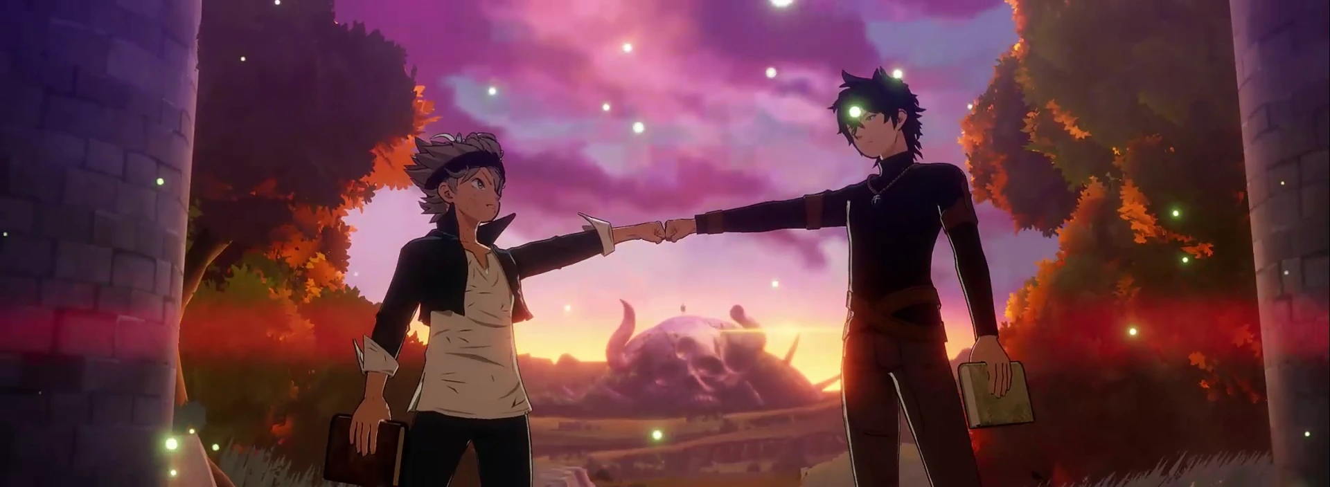 Asta e Yuno se cumprimentam com os grimórios ao pôr do sol em Clover